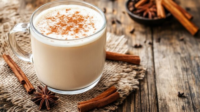Aromatic spiced tea latte in a glass mug on a rustic wooden table.