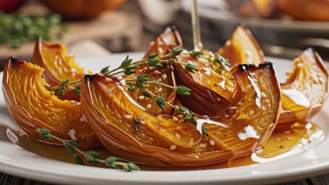 Golden roasted potato rosettes drizzled with oil, garnished with thyme on a white plate, savory yum