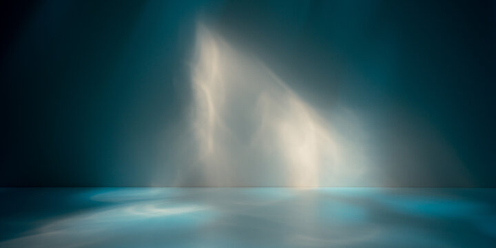 Abstract light blue background for product presentation with sun light reflections and shadows on wall. Winter background.