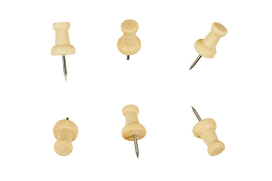 set of wooden push pins in various positions isolated on white or transparent png