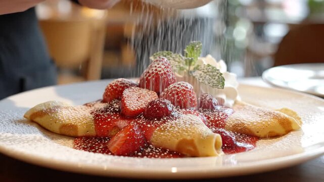 Pancakes with strawberry sauce, fresh berries, mint garnish, and a dusting of powdered sugar bright