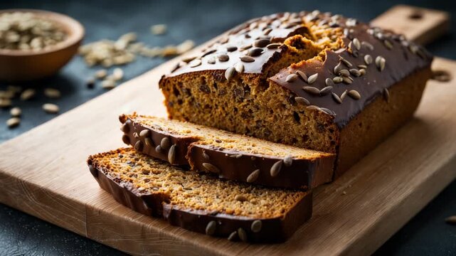 Cinematic close up video of a freshly baked loaf of seed bread resting on a rustic wooden cutting board. Two thick slices are neatly cut, revealing a soft, moist texture filled with grains