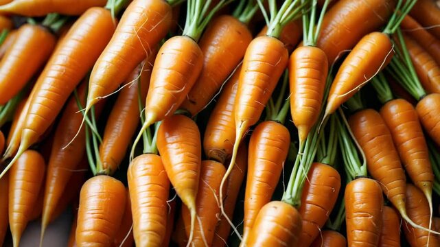High quality cinematic close up video showcasing a large pile of fresh, organic carrots with vibrant green tops.