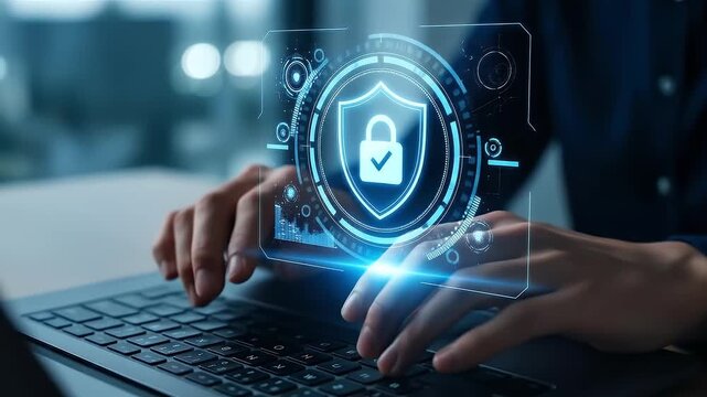 Data protection and cyber security. Secure VPN access and zero trust information security. Businessperson using laptop computer with an encrypted connection in network system.
