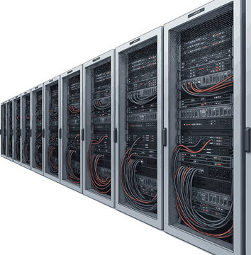 Create a realistic Server racks in server room data center - 3d rendering vector art with white background.