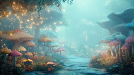 Fototapeta premium Fantasy forest with glowing mushrooms and sparkling fairy dust across a magical path. Enchanted wonderland dream with mystical glow light.