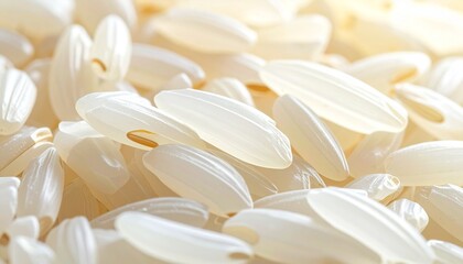 A dense close-up of uncooked white rice grains fills the frame—evoking texture, uniformity, and quiet abundance in a minimalist study of staple simplicity.