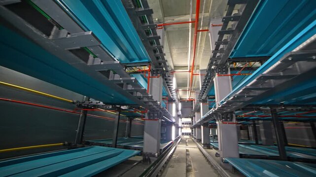 A clean view of the central rail corridor inside an automated robotic parking system, featuring steel columns, lighting, blue platforms, industrial pipes, and the main shuttle track in a high-tech fac