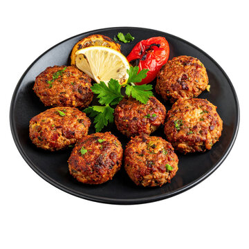 Flavorful Ineg&ouml;l k&ouml;fte meatballs on a dark plate, a classic turkish main course professionally isolated on a white background
