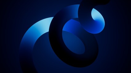Thick blue neon rings intertwine in a bold spiral on dark background. Modern abstract loop with depth and glossy light. Abstract 3d render illustration.