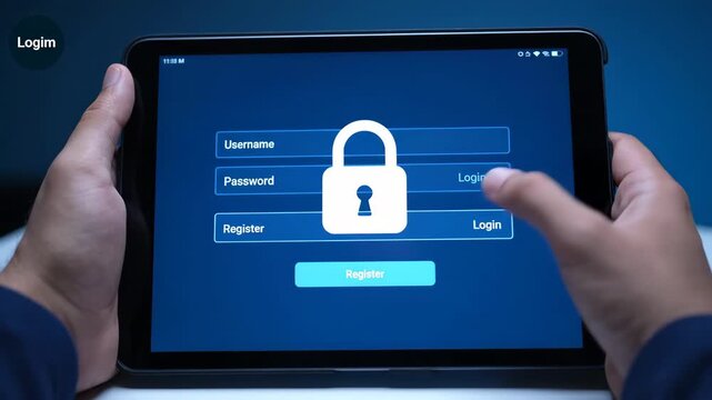User enters credentials on tablet for secure login with padlock icon and neon blue lights.