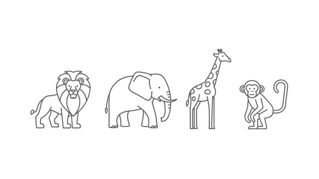 Collection of safari animals, lion, elephant, giraffe, monkey, line art illustration