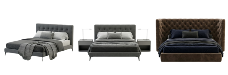 Modern Upholstered Beds: Grey Velvet and Brown Leather with Nightstands