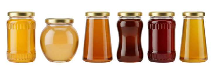 Assortment of Honey Jars Isolated on White Background, Different Colors and Textures