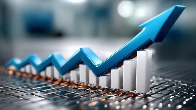 Financial Growth Visualization: A vibrant image of an ascending arrow superimposed over a bar graph, symbolizing financial success, economic advancement, and market analysis.