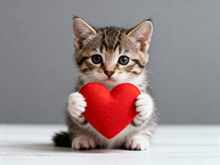 Adorable kitten hold red heart for love and affection