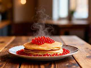 Pancakes with red caviar at cozy restaurant