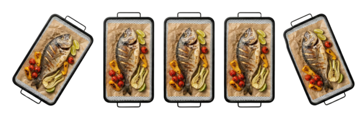 Whole Roasted Fish with Vegetables on Baking Sheet, Overhead Shot