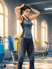 Young athletic woman tying her hair during fitness training session in modern sunny gym anime style