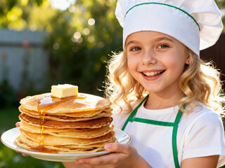 Happy little Chef hold a stack of golden pancakes with butter and honey