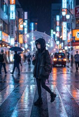Girl walking with transparent umbrella in rainy neon city street at night anime aesthetic illustration.