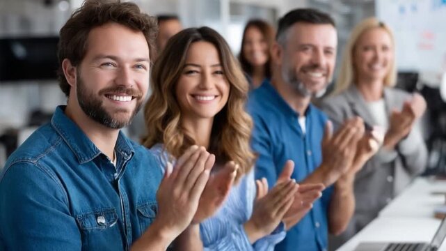 Celebrating Success: A group of professionals, united in celebration, claps their hands. Reflecting collaborative effort and shared goals.