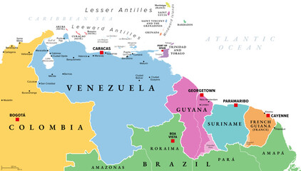 Venezuela and The Guianas, multi colored political map. Geographical region in South America, consisting of the country Venezuela and The Guianas, which are Guyana, Suriname, and French Guiana. Vector