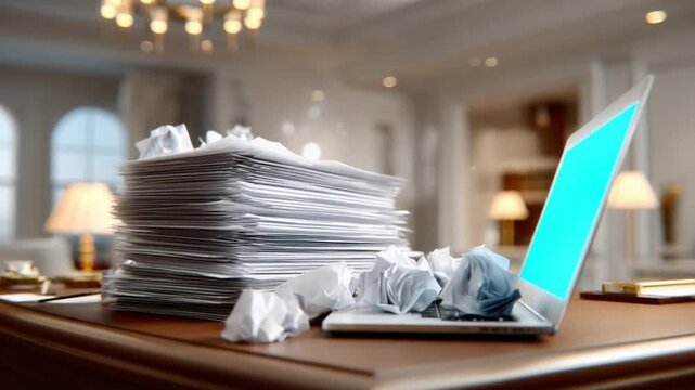 Unfinished Work and Overwhelm: A laptop sits amidst a stack of papers and crumpled documents, symbolizing the pressures and challenges of professional life.