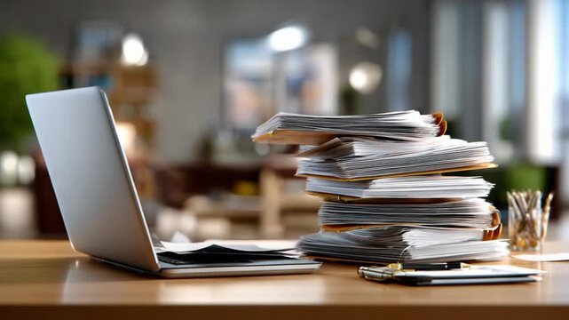 Desk Chaos: Laptop and a paper mountain symbolizes the challenges and complexities of modern work, with a laptop placed next to a high stack of documents