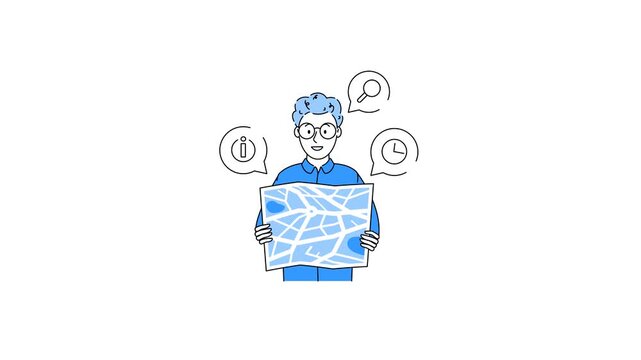 Man look for way on map set and choose which way. Hand holding map and searching route and location. Choosing direction to go. Effective business solution. Right decision making. 2d flat animation