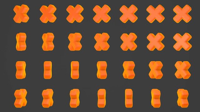 Orange 3D cross shapes rotate on a black background, creating a dynamic abstract pattern ideal for modern design, technology visuals and creative motion graphics