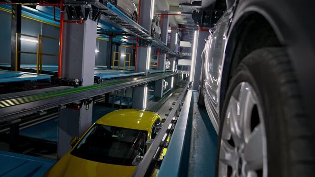 A close-up view of a car wheel moving along a metal platform inside an automated robotic parking system, showcasing rail mechanisms, industrial structure, and high-tech parking automation details.