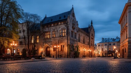 Old european town square at dusk with historic building and cobblestone street. Beautiful romantic cityscape at night for travel guidebook.