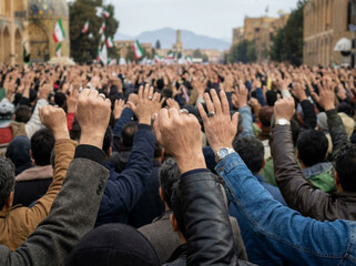 Massive Crowd with Raised Fists at a Public Gathering in Iran