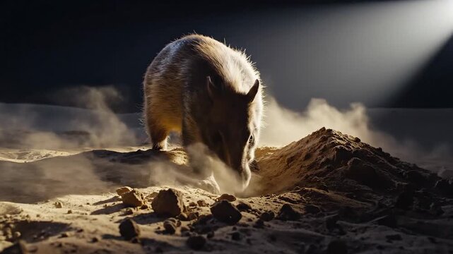 Aardvark digging in the sand under a spotlight in darkness