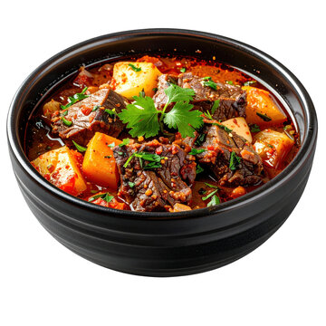 Delicious home-style kuzu guvec, a baked lamb and potato casserole from turkey, professionally styled and isolated on a white background