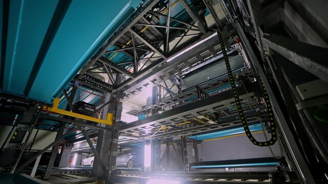 A detailed close-up view of a chain-driven lift mechanism inside an automated robotic parking system, showing metal structures, moving components, and a vehicle positioned on the platform.