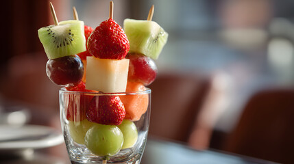 Colorful fruit skewers served in a glass with fresh grapes and melon