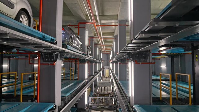 A clean view of the central rail corridor inside an automated robotic parking system, featuring steel columns, lighting, blue platforms, industrial pipes, and the main shuttle track in a high-tech fac