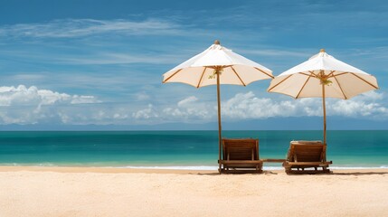 Tropical beach serenity two deckchairs under umbrellas golden sand turquoise ocean vacation lifestyle stock photo
