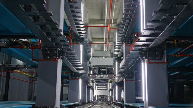 A clean view of the central rail corridor inside an automated robotic parking system, featuring steel columns, lighting, blue platforms, industrial pipes, and the main shuttle track in a high-tech fac