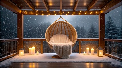 Obraz premium Cozy winter scene with hanging chair and candles on a snowy night in the forest