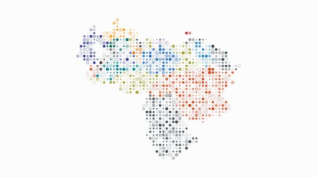 Venezuela animation. Shape of the country with pulsating colored dots. Small size rounded square blocks. Digital style map on white background. Abstract video.