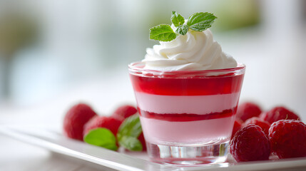 Raspberry mousse dessert with layered jelly and whipped cream