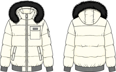Vector technical sketch of white winter puffer jacket with fur hood and pockets, front and back views, fashion flat design template, isolated on white background. © ASH Labs