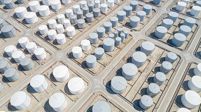 Aerial view of vast industrial storage tank farm, fuel depot, energy infrastructure storage tanks.