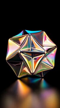 Iridescent dodecahedron resting on glossy reflective surface against black backdrop emitting rainbow colors for abstract design.