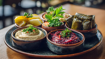 Traditional Turkish meze platter with hummus dolma and beet salad
