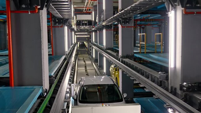 A central transport shuttle carrying a vehicle through the main corridor of an automated robotic parking system, featuring rail tracks, platforms, sensors, and modern industrial infrastructure.