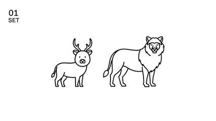 Obraz premium Cute Deer and Lion Outline Icons Set, Minimalist Animal Graphics
